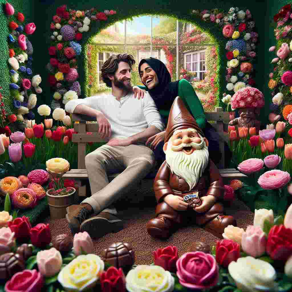 Visualize an enchanting scenario of Valentine's Day staged in a luxuriant garden brimming with vivid blossoms. In the core, a compassionate couple of Caucasian man and Middle-Eastern woman, bask in their shared laughter while sitting on a quaint bench, encircled by a multitude of roses and tulips. The atmosphere radiates with the delightful aroma of blooming flowers, and is harmoniously paired with the resonating sound of their shared joy. Adjacent to them rests a delightful chocolate model that amusingly imitates a garden gnome, provoking a mild amusement with its eccentric personality.
Generated with these themes: Flowers , Chocolates, and Garden.
Made with ❤️ by AI.