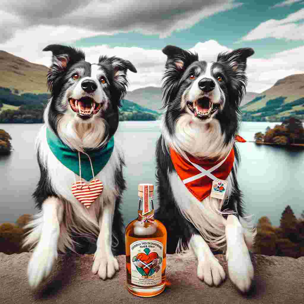 On this gorgeous scene, two delightful Border Collies are joyfully gamboling along the striking shores of the Lake District, embodying the spirit of Valentine's Day. In their backdrop, the panoramic splendor of the locale manifests. Each dog adorns a vivid bandana and between them is a traditional glass bottle of a popular Scottish beverage, positioned near them with a ribbon and a heart-shaped tag. This symbolizes the dogs' mutual fondness for the beverage, introducing an unexpected twist to the amorous backdrop.
Generated with these themes: Two border collies, The Lake District, and Irn bru.
Made with ❤️ by AI.