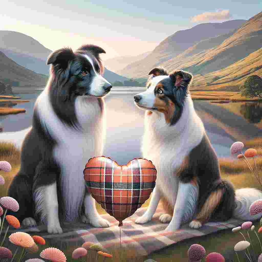 Visualize a lovely scene with two affectionate Border Collies sitting close together by a peaceful lake, surrounded by gentle rolling hills. One of the dogs is black and white, while the other is brown and white. They are gazing at each other tenderly, their eyes glowing with love. Between them, they are holding a tartan-patterned heart-shaped balloon which has a distinct orange color. The serene landscape and the aura of romance are enhanced with soft, pastel colors to signify a Valentine's Day theme.
Generated with these themes: Two border collies, The Lake District, and Irn bru.
Made with ❤️ by AI.