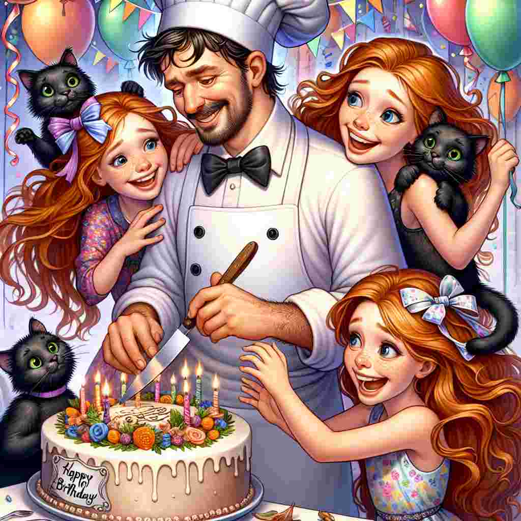 Create a whimsical birthday illustration portraying a happy family scenario. At the core of the scene, a Caucasian, skilled chef father, wearing his iconic white hat and apron, is engrossed in preparing a luxurious birthday banquet. Engaged in a lively dance around him are two cheerful daughters, one with twinkling ginger hair festooned with ribbons, while the other has flowing brunette locks. The girls are Caucasian, laughing heartily, and dressed in spirited party frocks. They are encircled by black cats with captivating green eyes, some of which amusingly sport tattoos that spell 'happy birthday' on their plush coats. The backdrop is decorated with vivid balloons and streamers which accentuates the exuberant atmosphere.
Generated with these themes: Black cats, Tattoos, Chef husband, Daughter with ginger hair, and Daughter with brown hair.
Made with ❤️ by AI.
