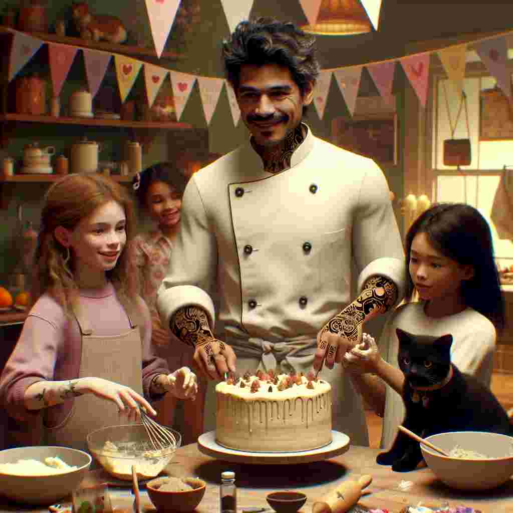 Imagine a heartwarming scene of a birthday celebration unfolding in a home kitchen. Central to the scene is a Hispanic man donned in immaculate chef attire, wielding his culinary skills with a welcoming smile. His two daughters are assisting him; one is a red-haired, freckle-faced Caucasian girl, cheerfully mixing the cake batter; another is a brown-haired Asian girl, meticulously arranging handmade decorations. Noteworthy in the scene are the family's lovable black feline pets, distinguished by whimsical markings akin to tattoos signifying love and celebration. The atmosphere brims with familial warmth and bespoke birthday charm.
Generated with these themes: Black cats, Tattoos, Chef husband, Daughter with ginger hair, and Daughter with brown hair.
Made with ❤️ by AI.