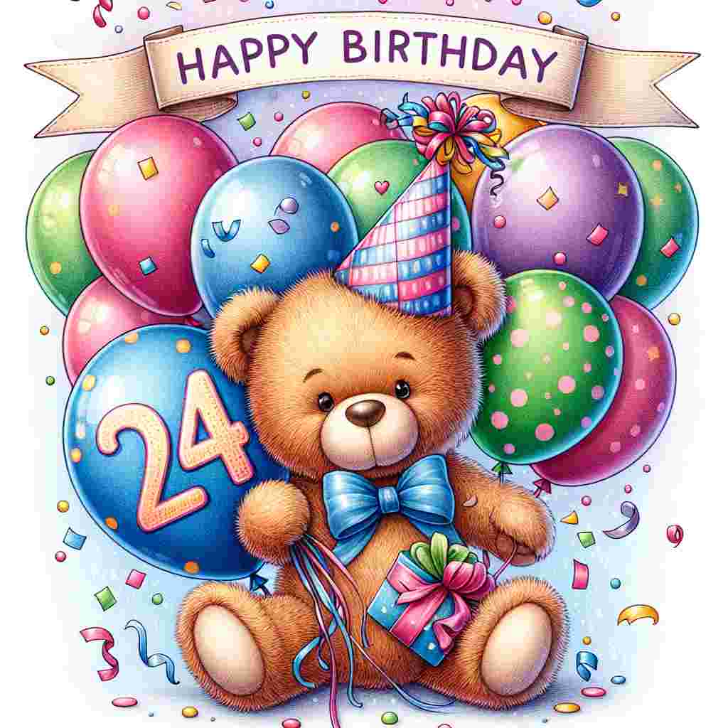 A whimsical drawing of a teddy bear in a party hat, holding a bunch of colorful balloons with '24th' on the largest one. A banner above reads 'Happy Birthday' amidst a shower of confetti.
Generated with these themes: 24th  .
Made with ❤️ by AI.
