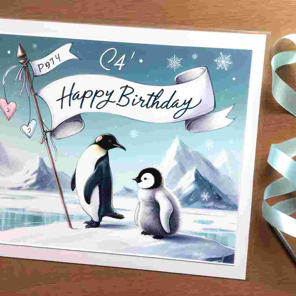 A delightful sketch of two penguins standing on a glacier with a 'Happy Birthday' flag planted next to them, and a banner that flutters through the air, proudly displaying the number '24'.
Generated with these themes: 24th  .
Made with ❤️ by AI.