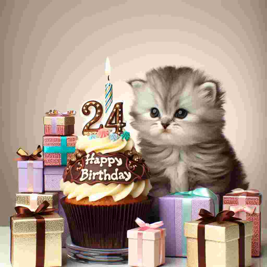 An adorable image showing a small kitten sitting next to a pile of gifts, with a cupcake in front featuring a candle shaped like the number '24'. The words 'Happy Birthday' are etched in icing on the cupcake.
Generated with these themes: 24th  .
Made with ❤️ by AI.