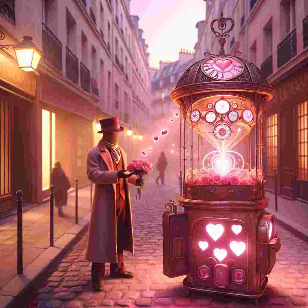 Imagine a quiet Parisian street bathed in the glow of a romantic pink holiday. The light emanates from a unique, box-shaped contraption decorated with various heart symbols, expressing love that transcends time and space. Nearby, a well-dressed individual with a mysterious, adventurous aura is seen offering roses to onlookers. Their attire is vintage chic, befitting of a mercurial spirit who could be from any era or reality. This realistic yet whimsical setting beautifully captures the magical charm of Valentine's Day.
Generated with these themes: Doctor Who, Paris, Pink Tardis, and Hearts.
Made with ❤️ by AI.