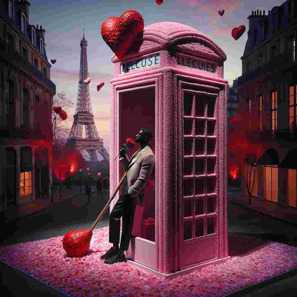 In the heart of Paris, against the iconic scenery of the Eiffel Tower, a large pink phone booth with a realistic texture draws the eye as the core of a love-themed spectacle. A cascade of hearts seems to tumble down the sides of the booth, giving the impression of a love-filled pinata. Leaning nonchalantly against its frame is a person, of black descent and male gender, holding a single red rose in one hand. The scene is highlighted by the soft glow of the city, bathed in the warmth of Valentine's Day, creating an enchanting tableau.
Generated with these themes: Doctor Who, Paris, Pink Tardis, and Hearts.
Made with ❤️ by AI.