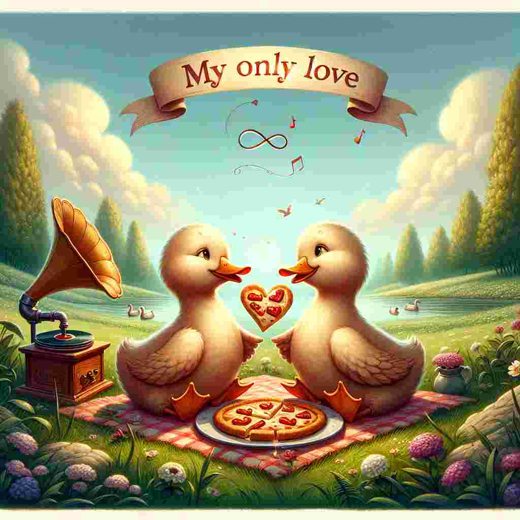 Create a whimsical illustration themed around Valentine's Day. The scene is heartwarming, showcasing two endearing ducks sitting side-by-side on a picnic blanket, situated in the midst of a verdant meadow under an unclouded sky. They are involved in a sharing gesture, delighting in a heart-shaped slice of pizza together. The pastoral ambiance is further amplified by the tunes emanating from a vintage gramophone, playing a melody the ducks have a fondness for. An amusing banner hovers in the space above the ducks bearing the enduring sentiment 'My Only Love', enclosed within an infinity symbol that emphasizes their everlasting love.
Generated with these themes: Love, Duck, Music, Pizza, My only love, Green, and Forever.
Made with ❤️ by AI.