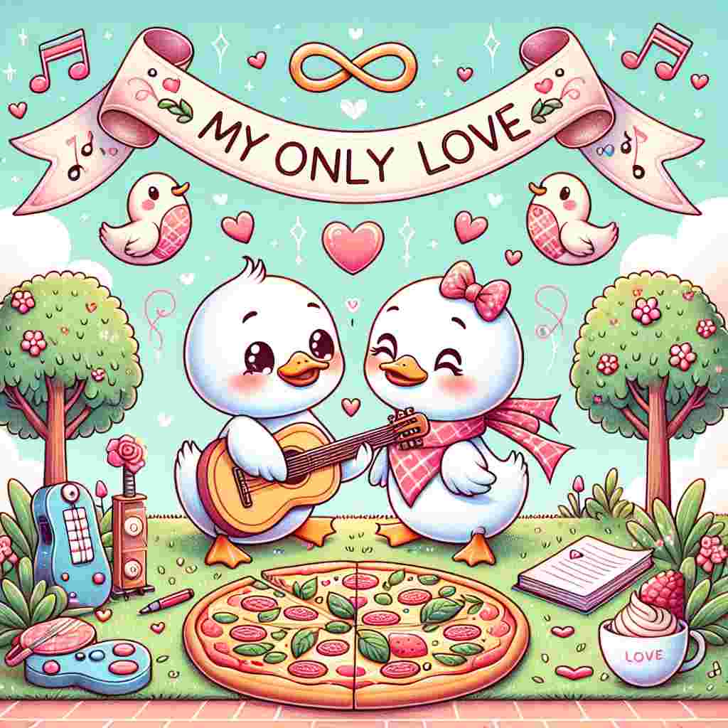 Create a delightful Valentine's Day-themed illustration featuring two adorable ducks in a park. One of these ducks is playing a guitar, serenading its partner in a harmonious and affectionate scene. Near them, there's a pizza with heart-shaped toppings, adding to the theme of love. Above them, a banner unfurls with the phrase 'My Only Love'. To add to the romantic atmosphere, musical notes and an infinity symbol, representative of their eternal love, are interwoven with it.
Generated with these themes: Love, Duck, Music, Pizza, My only love, Green, and Forever.
Made with ❤️ by AI.