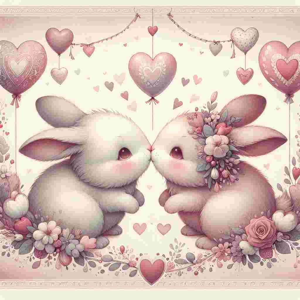 A whimsical illustration with a romantic aura set by soft pastel colors, perfect for Valentine's Day. In the center, two adorable animals, possibly bunnies or squirrels, are depicted sharing a tender kiss. Their affection is embellished by an arrangement of heart-shaped balloons floating around them and a garland of flowers festooning the picture. The composition consciously avoids any mention or references to specific cities, football teams, or specific types of food. Instead, it celebrates the universal symbols of love and affection.
Generated with these themes: NONE , Manchester united, New york, Cheese pizza, None, None, None, None, and None.
Made with ❤️ by AI.