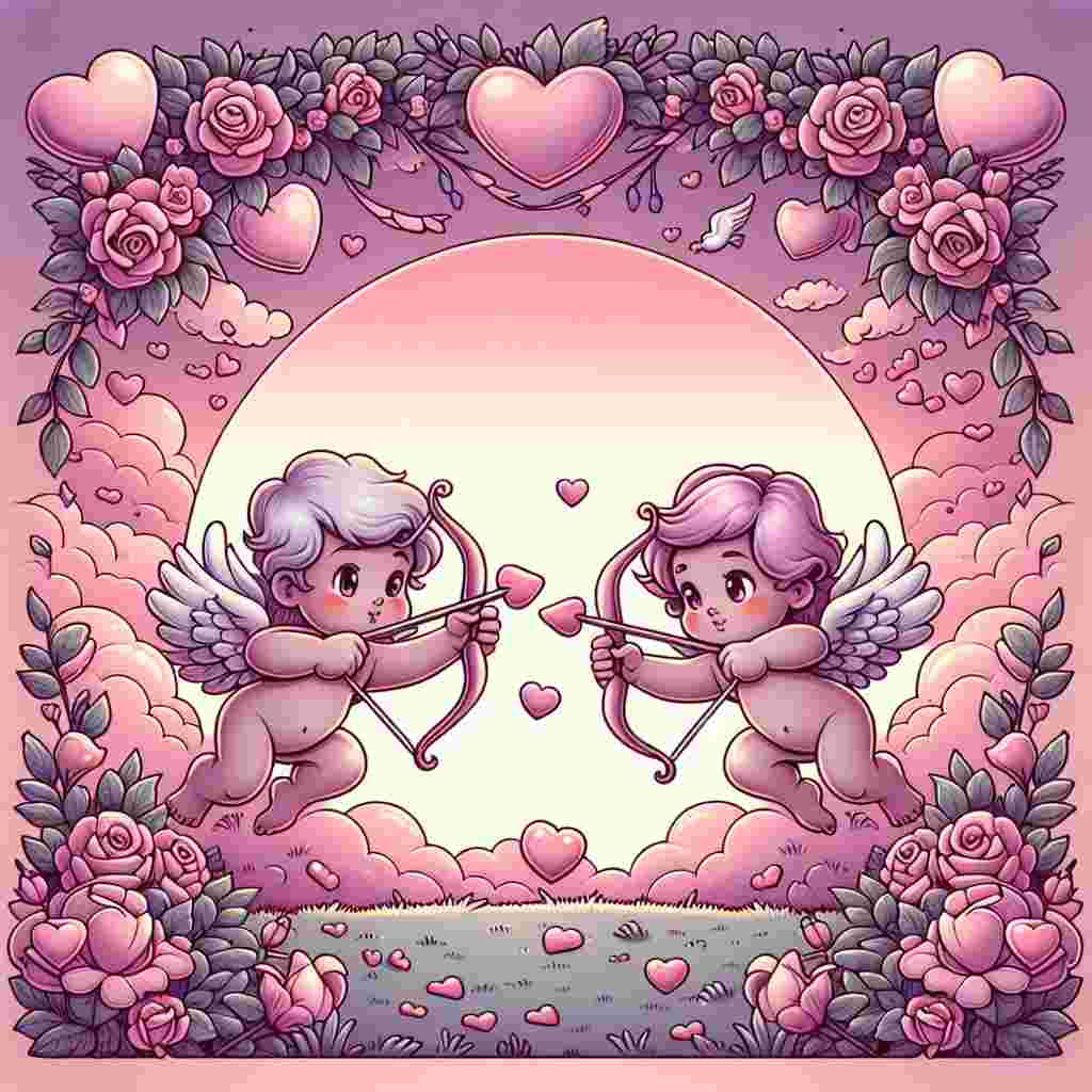 Picture a tranquil garden where a pair of playful, cartoon-style cupids are aiming their bows and arrows. The backdrop of the image combines shades of pink and lilac to depict the soft glow of a setting sun. The grass beneath them is littered with small, heart-shaped candies and roses, all tying into a Valentine's Day theme. The illustration purely focuses on this sweet Valentine's ambiance without any references to any sports clubs, cities, or food.
Generated with these themes: NONE , Manchester united, New york, Cheese pizza, None, None, None, None, and None.
Made with ❤️ by AI.