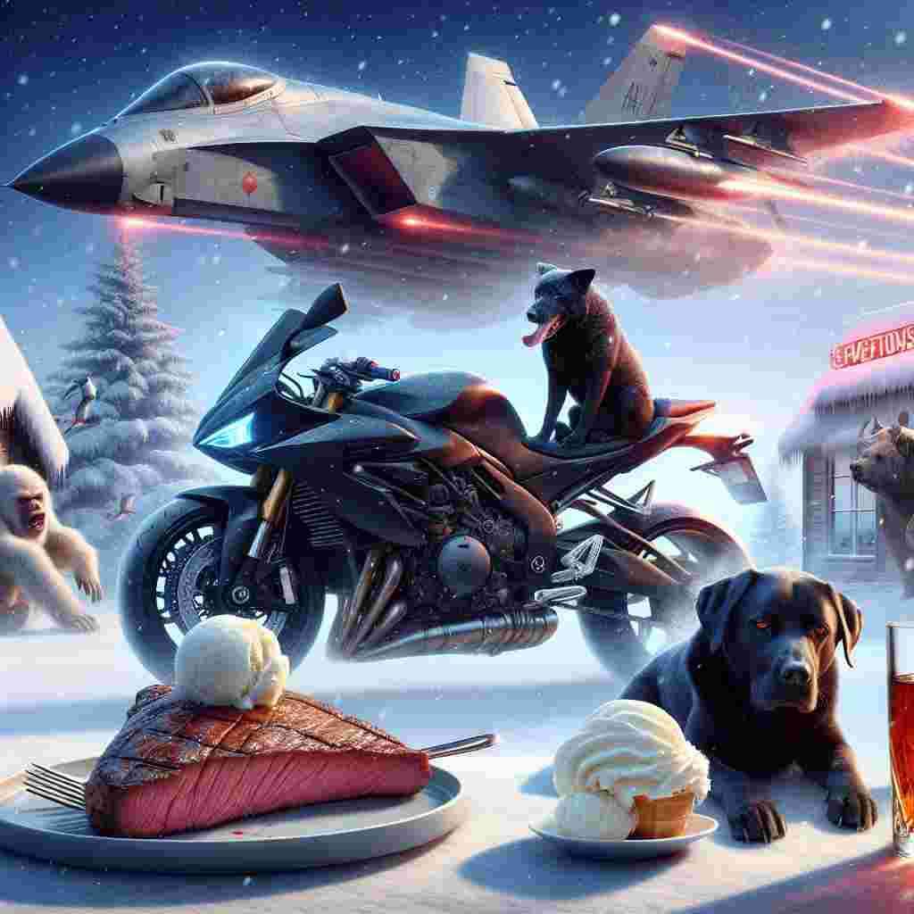 A black Labrador, its fur speckled with snowflakes, sits atop a roaring sports motorbike perched precariously on a glowing, ethereal bridge in the midst of falling snow. Hovering serenely in the sky is a futuristic fighter jet, exuding a protective aura. On the ground, the symbol of love takes the form of a heart-shaped steak, tender and rare, plated for couples celebrating a special day. Another beastly figure leisurely savors the sweetness of vanilla ice cream in this winter wonderland. Nearby, a glass of rich whiskey sits patiently, promising to banish the chill of the season.
Generated with these themes: Black Labrador riding a sports motorbike, Tyne bridge, X Wing, Whiskey , Snow, Chewbacca eating vanilla ice cream, and Heart shaped steak.
Made with ❤️ by AI.