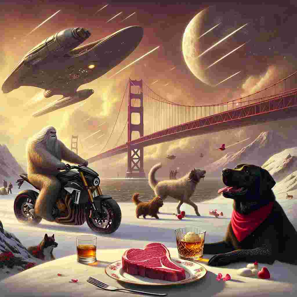 In a vast, whimsical, dream-like scene, Valentine’s Day takes a unique turn. In the main spotlight, a black Labrador adorned with a loving crimson bandana skillfully steers a modern sportbike through the air. The famous arch bridge, positioned beneath a semi-cloudy sky teeming with falling snow, sets the scene. Beside these, a starship from distant cosmic realms casts a futuristic gleam, etching trails of starlight across the sky. A heart-shaped steak, served on an exquisite porcelain dish, radiates love and longing, untouched. Nearby, a gentle, hirsute giant of an unidentified species savors the plain delight of vanilla ice cream, providing a stark contrast against the cold surroundings. The whole scene is bathed in the golden glow of whiskey, capturing an eccentric celebration of emotion.
Generated with these themes: Black Labrador riding a sports motorbike, Tyne bridge, X Wing, Whiskey , Snow, Chewbacca eating vanilla ice cream, and Heart shaped steak.
Made with ❤️ by AI.