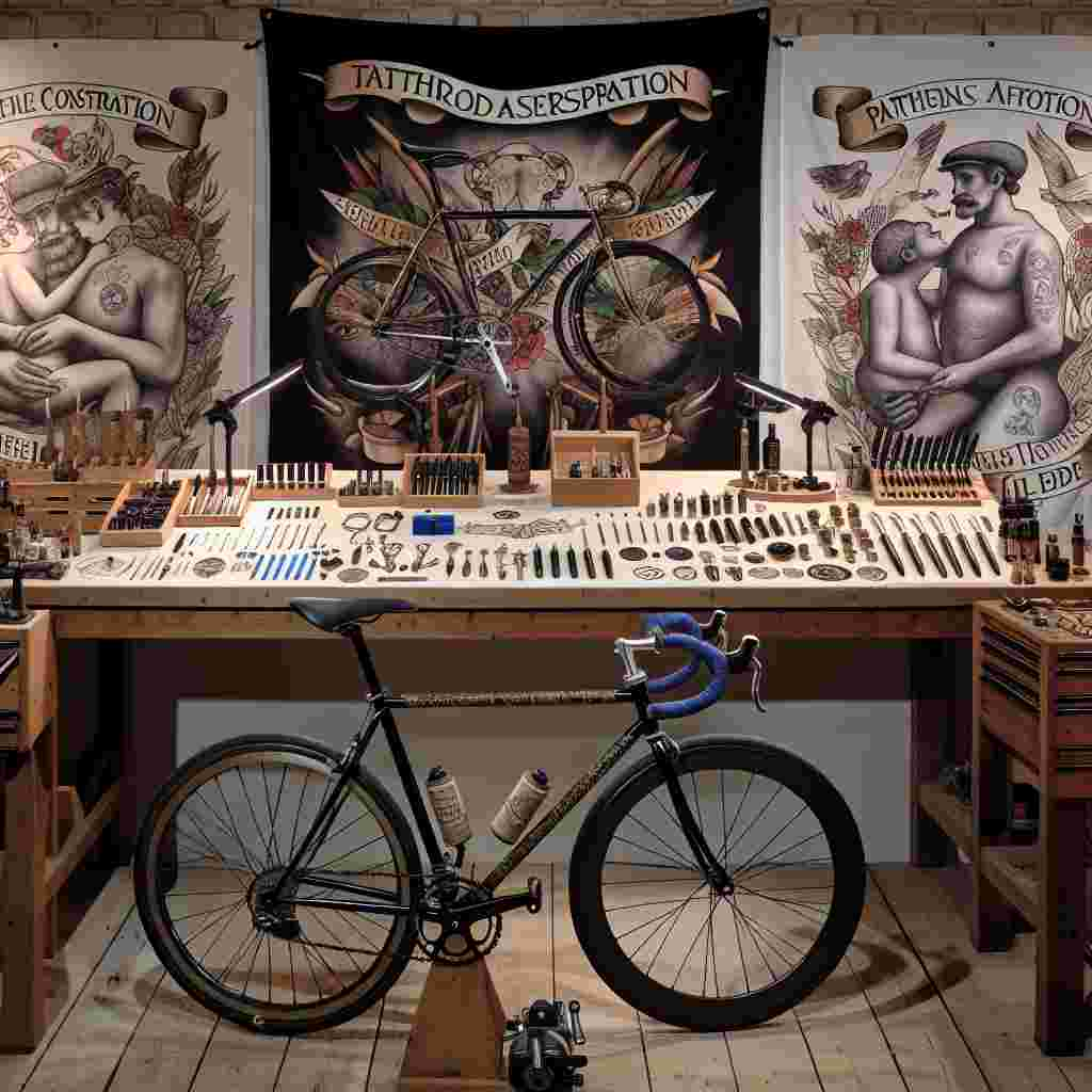 An intriguing setting of a cycling workshop, where a variety of bicycle components are carefully hung over a strong workbench laden with assorted tools and drafting items. Tattoo-styled artwork and banners for the commemoration of paternal affection intertwine in the background, celebrating the unique amalgamation of bicycle construction and the artistic essence of inking designs. At the heart of the scene, a bicycle open for customization stands patiently, waiting for its final adjustments, representing a symbol of fatherly love and imagination.
Generated with these themes: Bikes tattoos drawing .
Made with ❤️ by AI.