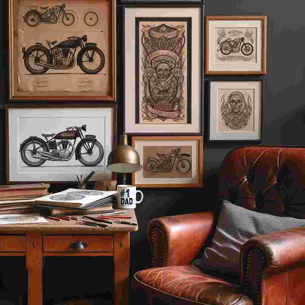 A cozy study room decorated for Father's Day, with walls adorned by frames containing drawings of classic motorcycles and intricate tattoo patterns. A well-used leather armchair positioned invitingly next to a petite wooden end table. On the table, a mug marked with '#1 Dad' and a pile of sketchbooks loaded with designs of bike blueprints and tattoo ideas.
Generated with these themes: Bikes tattoos drawing .
Made with ❤️ by AI.