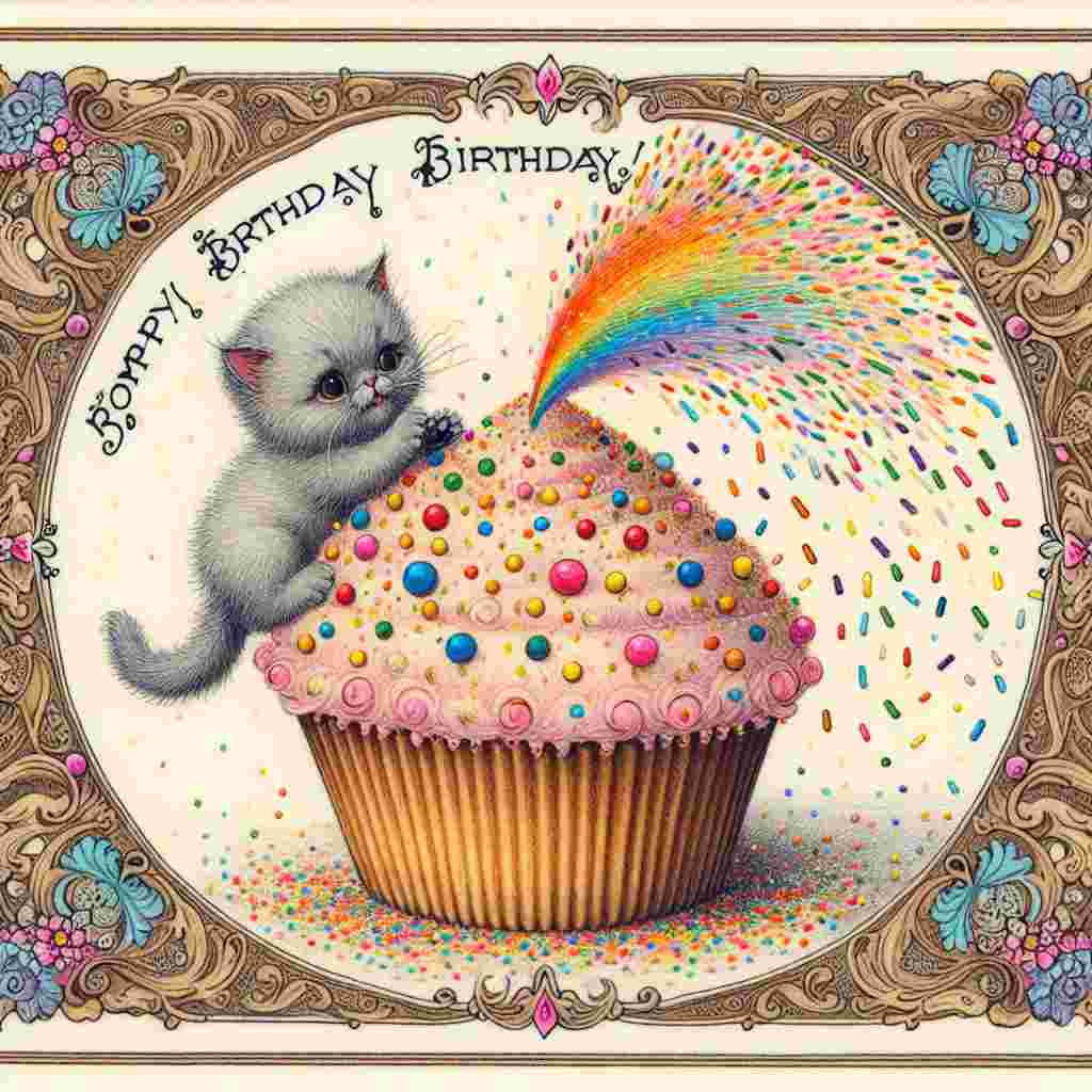 A dreamy scene with a single, cherubic Bombay kitten sitting atop a giant cupcake. The kitten bats playfully at the 'Happy Birthday' lettering made of sprinkles above, creating a shower of colors. The image is finished with a delicate border with the words 'Bombay Birthday Cards' intertwined with illustrated vines and flowers.
Generated with these themes: Bombay Birthday Cards.
Made with ❤️ by AI.
