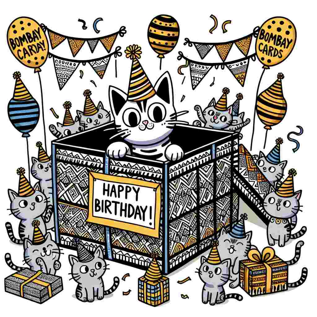 A festive illustration displays a group of cartoon Bombay cats throwing a surprise party. One cat is popping out of a large, patterned gift box with a 'Happy Birthday' banner draped across the box's edges. Party hats, streamers, and balloons fill the space, while 'Bombay Birthday Cards' is etched onto the balloon strings.
Generated with these themes: Bombay Birthday Cards.
Made with ❤️ by AI.