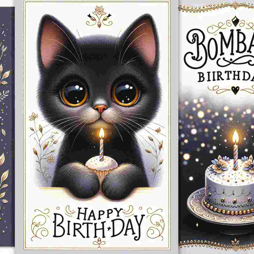 The scene features an adorable Bombay cat with wide, innocent eyes gazing at the viewer, clutching a small birthday cake topped with a single candle. 'Happy Birthday' is elegantly scripted above the cat's head. Sparkling decorations dot the background, and the corner of the card reads 'Bombay Birthday Cards' in a decorative font.
Generated with these themes: Bombay Birthday Cards.
Made with ❤️ by AI.