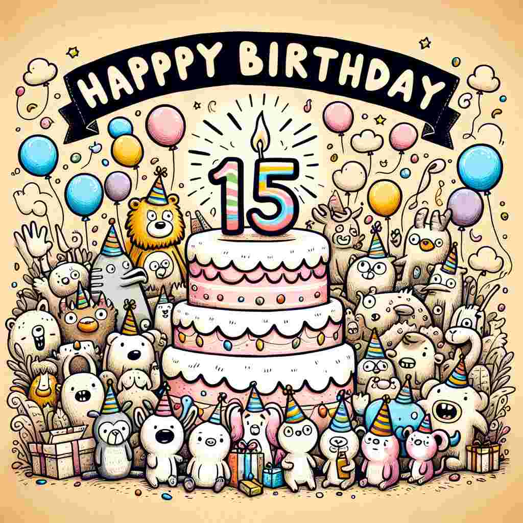 A whimsical birthday card illustration for a 15-year-old, featuring a group of cartoon animals wearing party hats gathered around a large, colorful cake with '15' on top. Balloons and confetti fill the background, with 'Happy Birthday' written in playful, bold letters above.
Generated with these themes: 15th kids  .
Made with ❤️ by AI.