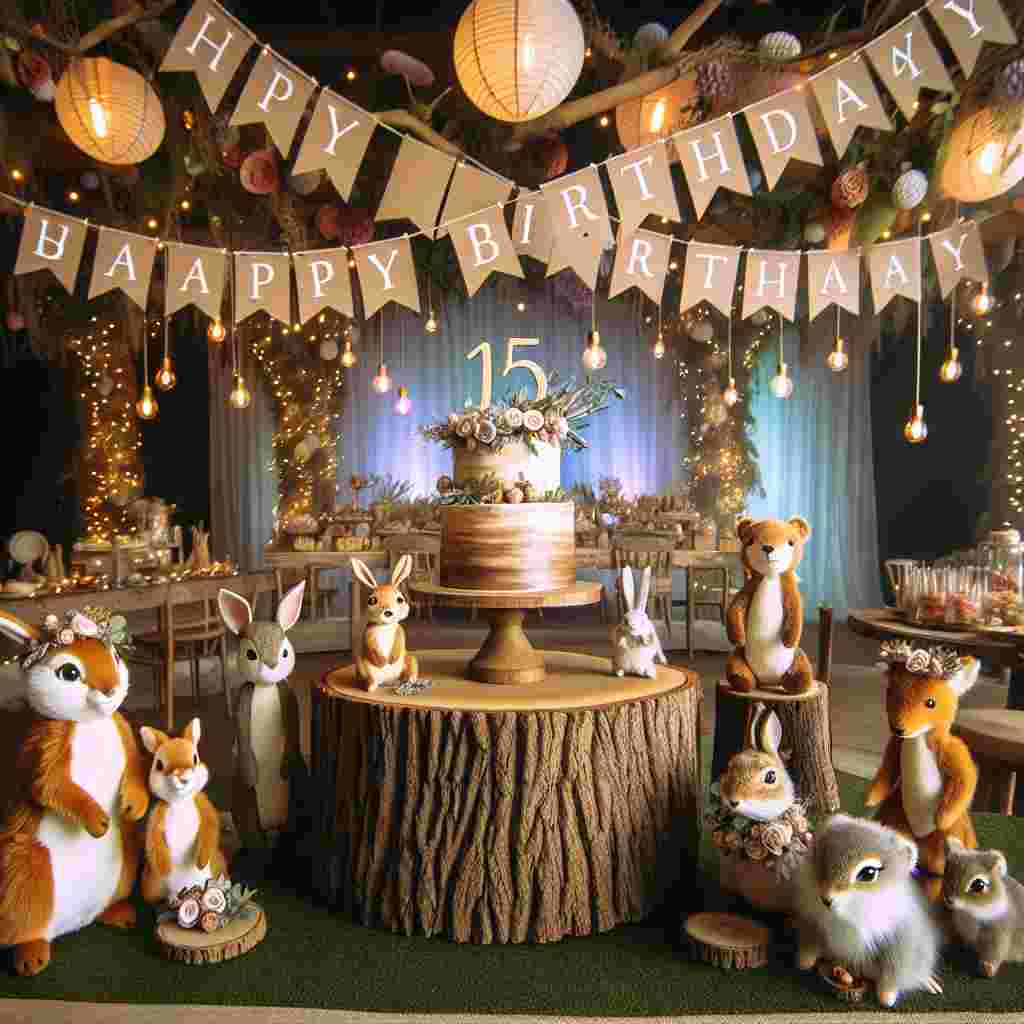 An enchanting woodland party setting with cute forest animals holding banners that read 'Happy Birthday'. In the middle sits a rustic wooden cake stand displaying a two-tiered cake adorned with a '15' topper, all beneath hanging fairy lights and paper lanterns.
Generated with these themes: 15th kids  .
Made with ❤️ by AI.