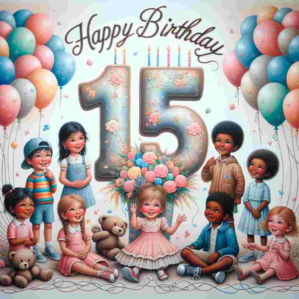 A charming birthday scene with a pastel palette, showcasing a number 15-shaped balloon bouquet in the center, surrounded by illustrations of laughing children and cuddly creatures. The words 'Happy Birthday' are intertwined with the strings of the balloons.
Generated with these themes: 15th kids  .
Made with ❤️ by AI.