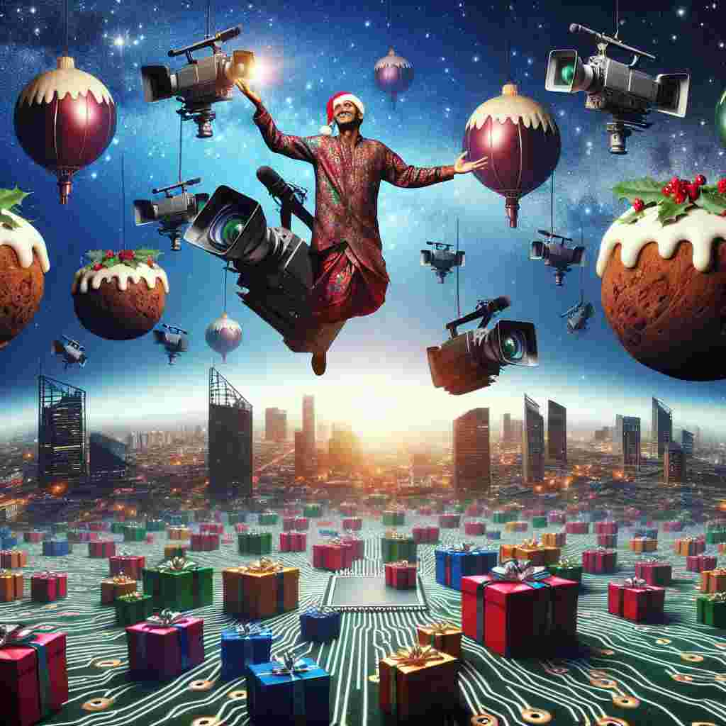 A dreamlike landscape unfolds with a South Asian man dressed in festive attire, levitating above a cityscape that resembles Media City, Salford, digitally morphed into a circuit board to represent computer games. Oversized Christmas pudding-shaped balloons float among TV cameras that dangle like ornaments, casting their gaze upon a sea of wrapped Christmas presents. Above this scene, the stars twinkle to form the greeting 'Happy Holidays and a Happy 2024 from all of us at King of Sunshine Productions'.
Generated with these themes: South Asian man, Computer games , Media City, Salford, Christmas pudding , TV cameras , and Christmas presents .
Made with ❤️ by AI.