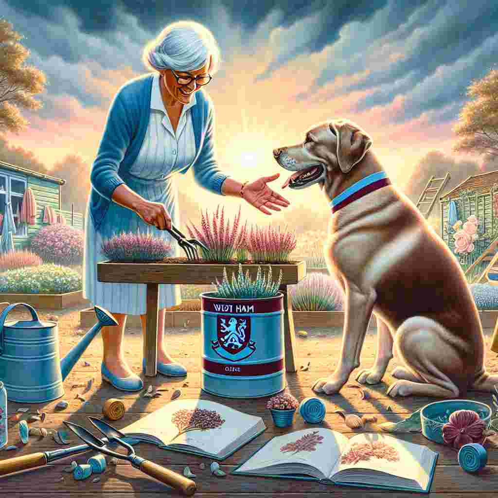 A charming illustration themed around Father's Day presents the moment of a late afternoon in a garden plot. The surroundings are drenched in the gentle light of the sinking sun, with splashes of claret and sky blue, signifying West Ham colors, dotting the gardening decor and tool handles. Dominating the center is a woman of Caucasian descent, who we'll refer to as Maggie, who's enthusiastically imparting the delicate craft of gardening, her hands expressively pointing to the thriving vegetation around her. Her loyal Labrador, named Ellie, is stationed alertly beside her, ears pricked, seemingly absorbing her every instruction. The sight of gardening books and seed packets spread around underscores the concept of growth and learning. This endearing scene effectively portrays the caring nature of fatherhood, viewed through the activities of Maggie and her pet.
Generated with these themes: West ham, Teaching, Tending allotment, Maggie, his wife, and His labrador, ellie.
Made with ❤️ by AI.