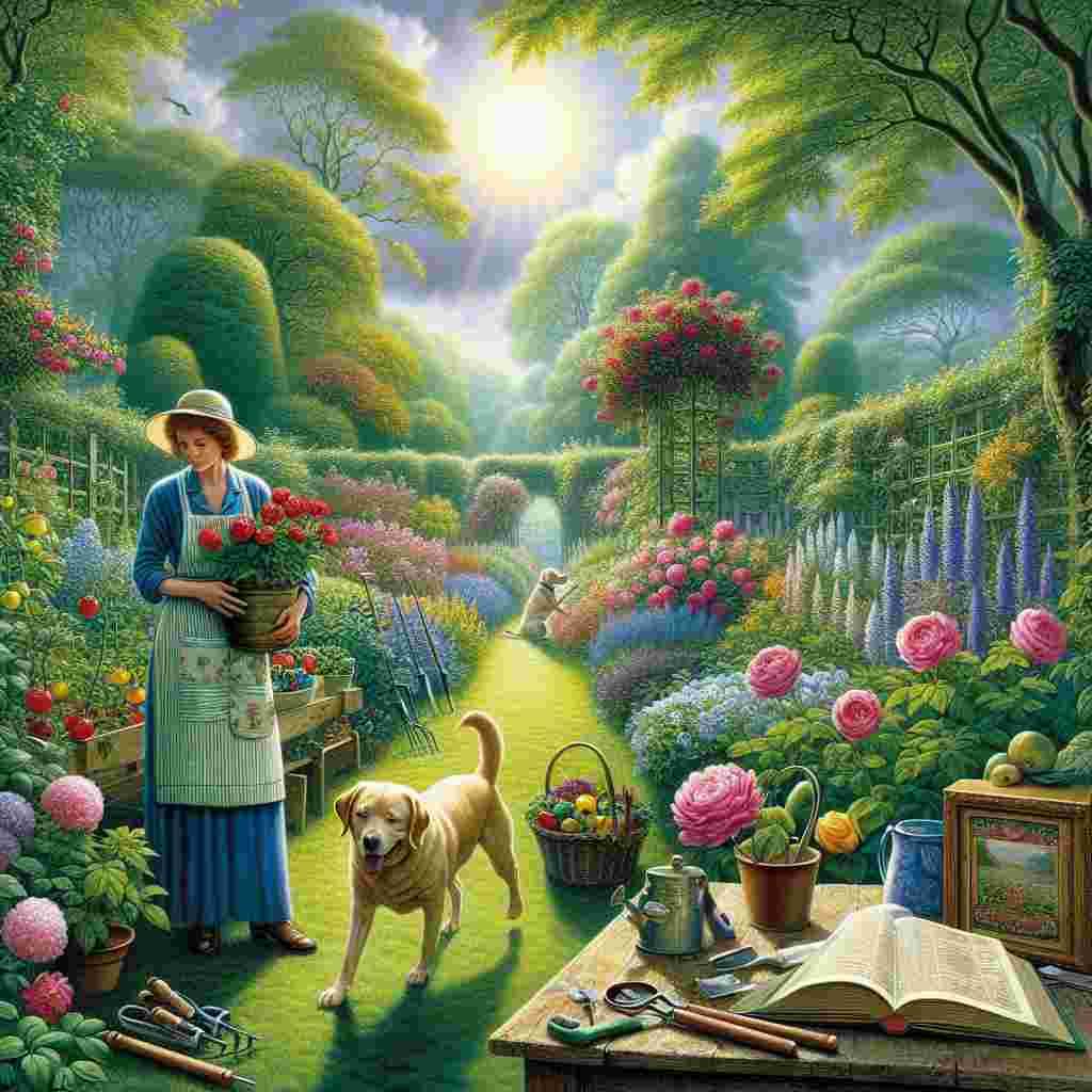 Illustrate a tranquil, verdant garden under a bright sunny sky, filled with rich, green vegetation. The atmosphere is bathed in the distinctive shades of claret and blue, subtly blended into the backdrop, suggesting the colors of a well-known football team without explicitly stating it. In the forefront, create a tableau with varied gardening tools and a cherished educational book placed on an antique wooden table. A woman, we'll name her Maggie, featured as an endearing character with a plethora of colorful vegetables in her apron, lovingly cares for the plants. Beside her, a spirited Labrador named Ellie cavorts amidst the blossoms, lending liveliness to the artwork. The image is meant to exude a sense of warmth and tenderness, capturing the essence of Father's Day without inclusively requiring a father figure.
Generated with these themes: West ham, Teaching, Tending allotment, Maggie, his wife, and His labrador, ellie.
Made with ❤️ by AI.