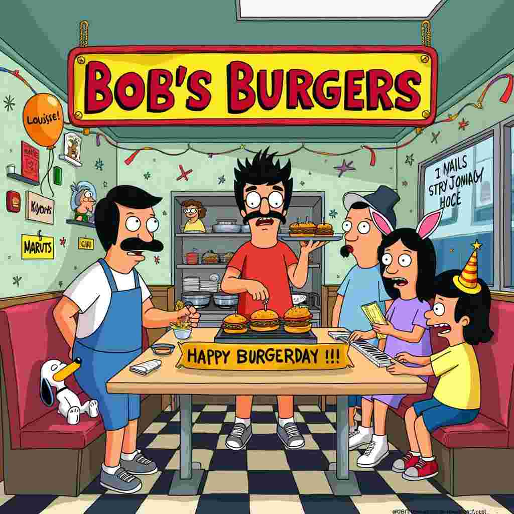 The cover of this birthday greeting card features a hilarious and bustling scene set inside Bob's Burgers, packed with characters and quirky details reminiscent of the artists' inspirations. Picture the Belcher family at the heart of the image: Bob, with his trademark mustache and apron, is in mid-flip of a burger at the grill, looking slightly overwhelmed but determined. Linda, wearing her cat-eye glasses and red shirt, is holding a tray of birthday cupcakes shaped like mini burgers, singing a loud, off-key version of "Happy Birthday."

Tina is at the counter, dressed in her blue shirt and yellow barrette, writing in her journal with her signature awkward posture. Next to her, Gene, clad in his yellow t-shirt and burger costume, is playing a tiny keyboard, producing comically grandiose birthday music. Louise, in her pink bunny ears, is jumping off a stool, brandishing a birthday banner she has clearly just sabotaged with graffiti that reads "Happy Burger-day!"

In the background, you'll see regular patrons, like Teddy and Mort, seated at the booths, joining in the fun. Teddy, with his burly build and cap, is wearing a party hat that's slightly too small, and Mort, in his mortician outfit, is holding a balloon shaped like a skull. The restaurant is decorated with colorful streamers and balloons, in true chaotic Belcher style.

A nod to Peanuts can be seen with a Snoopy-esque dog, possibly belonging to a customer, peeking in through the window outside, and a small Astro Boy action figure perched on one of the shelves. The art style mixes Schulz's expressive lines, Disney's whimsical charm, Tezuka's clean designs, Watterson's dynamic energy, and Larson's offbeat humor. 

Every inch of the scene is packed with lively details, from the burger ingredients scattered around Bob to the quirky doodles on Tina's notebook, making this a birthday card that’s not just a greeting but a whole story in itself.
Generated with these themes: Bob's Burgers.
Made with ❤️ by AI.