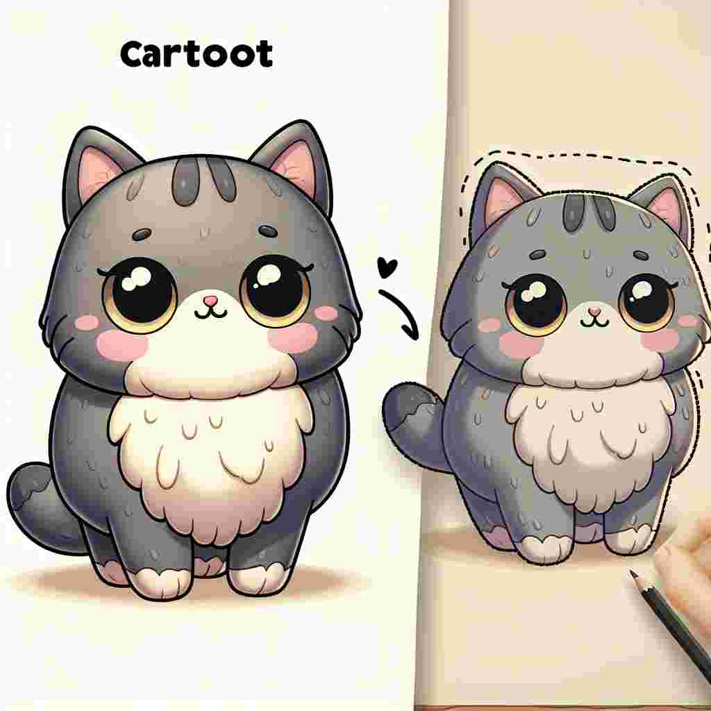 Craft an adorable cartoon scene where an adult, plump cat with a gray, thick coat takes center stage. This feline holds an allure of childish playfulness in its large, yellow eyes. The style should prioritise soft lines and exaggerated features, infusing the scene with a whimsical charm, perfectly portraying the endearing cuteness of our feline friend.
.
Made with ❤️ by AI.