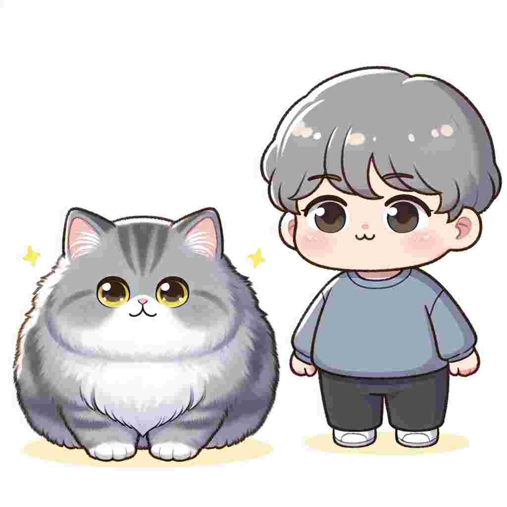 The scene depicts an adorable cartoon character standing next to an endearing adult cat. The cat's gray fur is fluffy and thick, highlighting its pleasantly plump body. Its yellow eyes shine brightly with a child-like innocence, making the feline especially appealing and irresistible.
.
Made with ❤️ by AI.