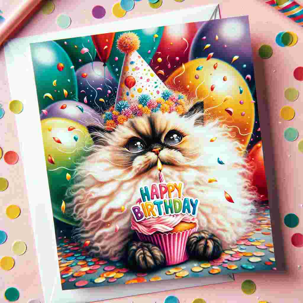 A whimsical card shows a fluffy Devon Rex cat in a party hat, surrounded by colorful balloons and confetti. The cat holds a tiny cupcake in its paw, with the words 'Happy Birthday' elegantly scribed above in cheerful, bold font.
Generated with these themes: Devon Rex Birthday Cards.
Made with ❤️ by AI.