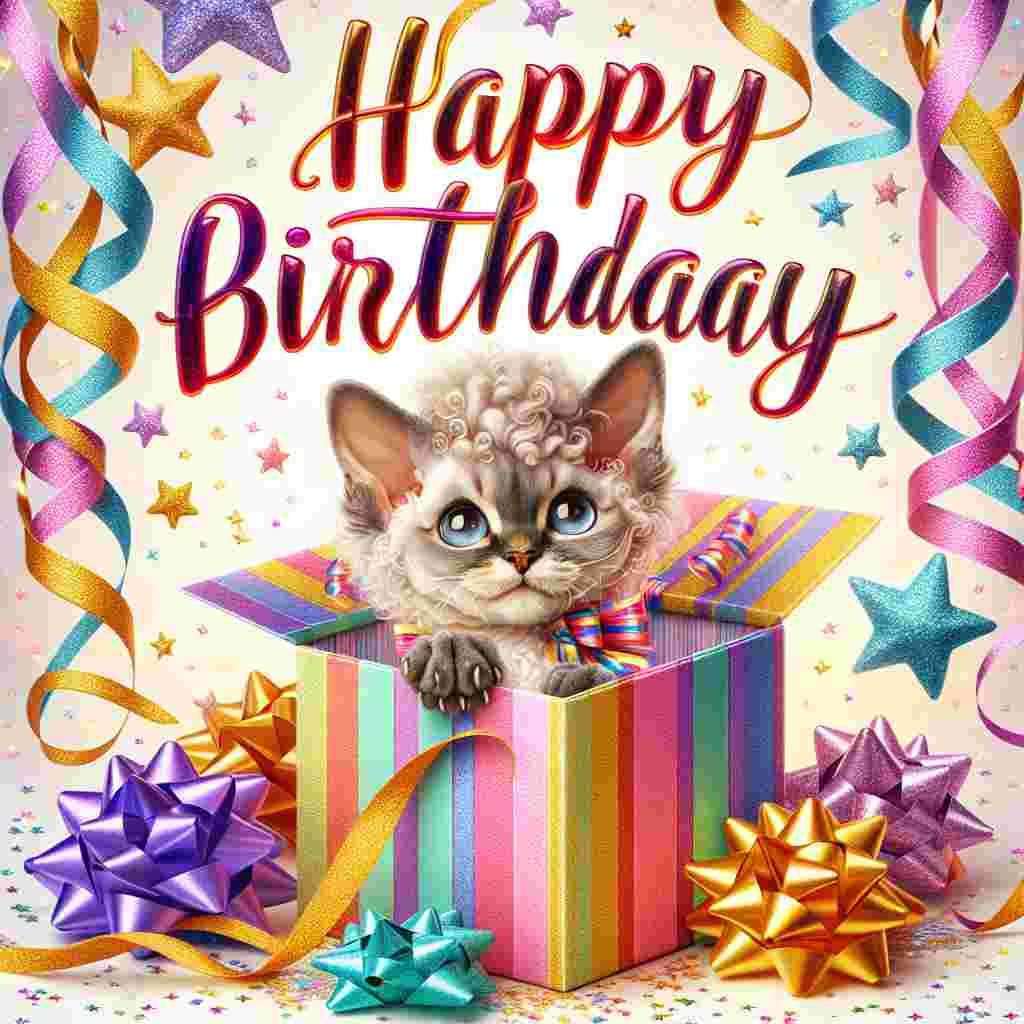 The card portrays an adorable Devon Rex kitten popping out of a gift box, with a mischievous grin. Sparkling around are twinkling stars and festive ribbons, with 'Happy Birthday' prominently displayed in a festive, balloon-like typography.
Generated with these themes: Devon Rex Birthday Cards.
Made with ❤️ by AI.
