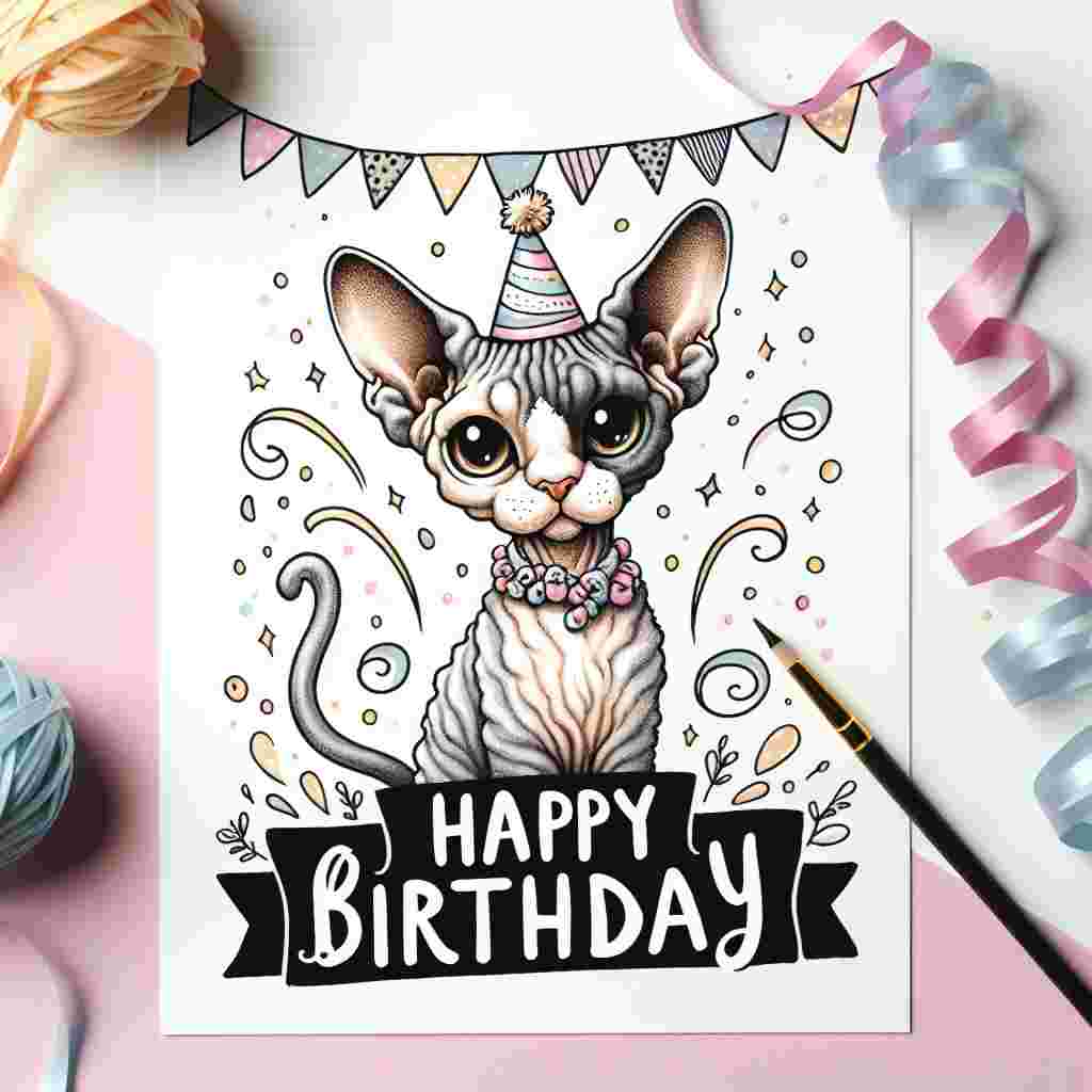 The design features a cartoon-style Devon Rex with big, playful eyes, wearing a tiny birthday hat. The background is filled with pastel streamers and a banner that reads 'Happy Birthday' in a fun, hand-lettered style.
Generated with these themes: Devon Rex Birthday Cards.
Made with ❤️ by AI.