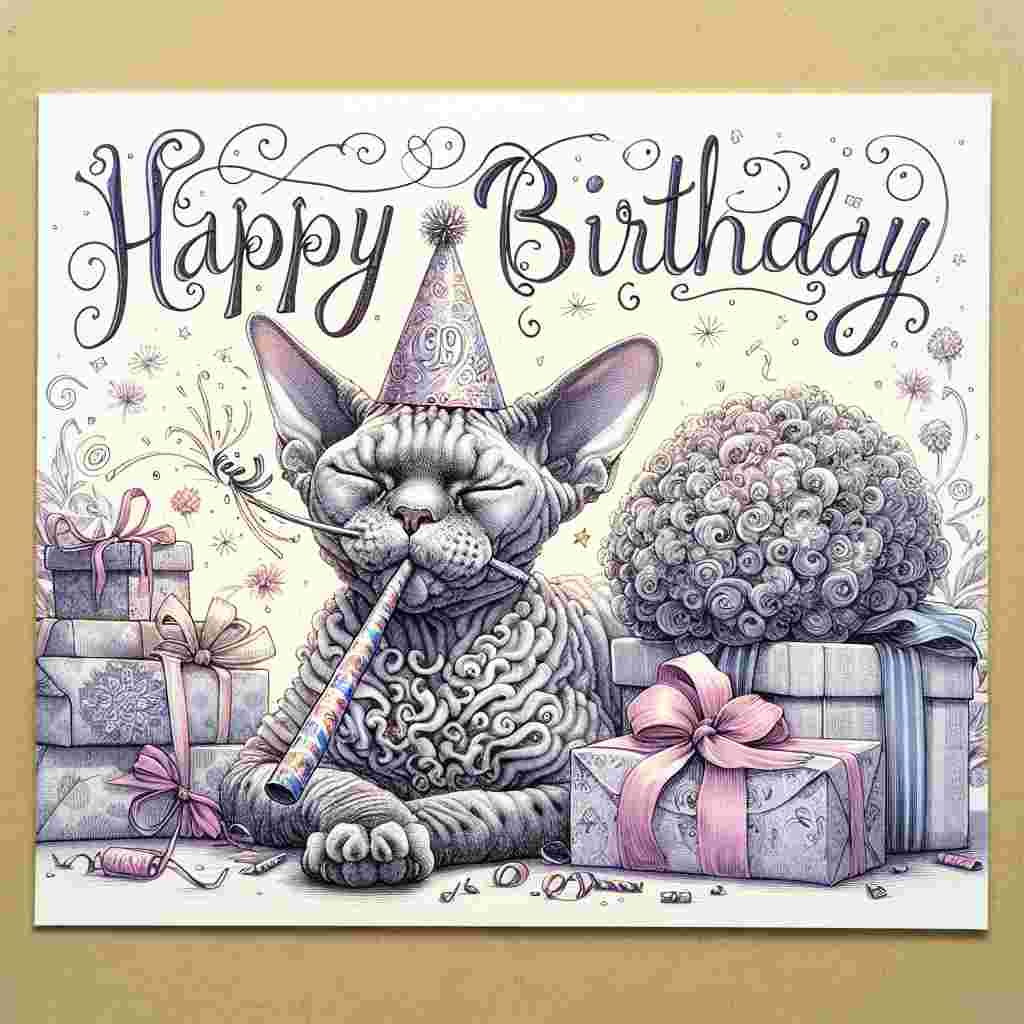 This birthday card illustration depicts a serene Devon Rex cat with a party blower in its mouth, amidst a pile of presents. Above the serene scene, the 'Happy Birthday' greeting is written in a whimsical, cursive script.
Generated with these themes: Devon Rex Birthday Cards.
Made with ❤️ by AI.