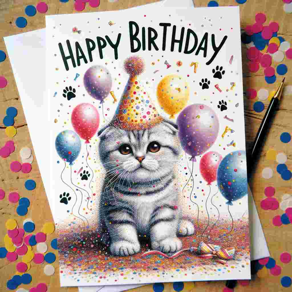 A heartwarming birthday card featuring a charming Scottish Fold cat wearing a colorful party hat, standing amidst a flurry of balloons and confetti. The words 'Happy Birthday' are stylishly written above, with tiny paw prints dotting the i's.
Generated with these themes: Scottish Fold Birthday Cards.
Made with ❤️ by AI.