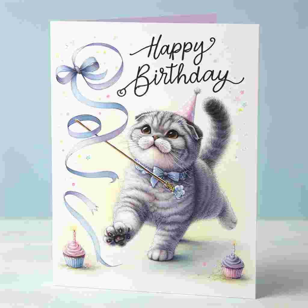On this delightful birthday card, a playful Scottish Fold cat is seen chasing a ribbon wand with 'Happy Birthday' playfully inscribed along the ribbon's trail. The pastel background is dotted with cupcakes and party hats, adding to the festive vibe.
Generated with these themes: Scottish Fold Birthday Cards.
Made with ❤️ by AI.