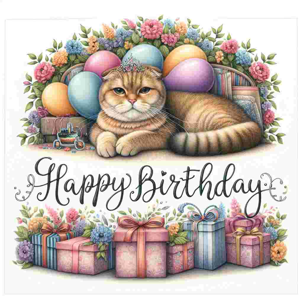 The front of the birthday card displays a serene Scottish Fold lying comfortably on a cushion, surrounded by gifts and balloons. Overhead, 'Happy Birthday' is written in an elegant script, encircled by a garland of flowers for a touch of elegance.
Generated with these themes: Scottish Fold Birthday Cards.
Made with ❤️ by AI.