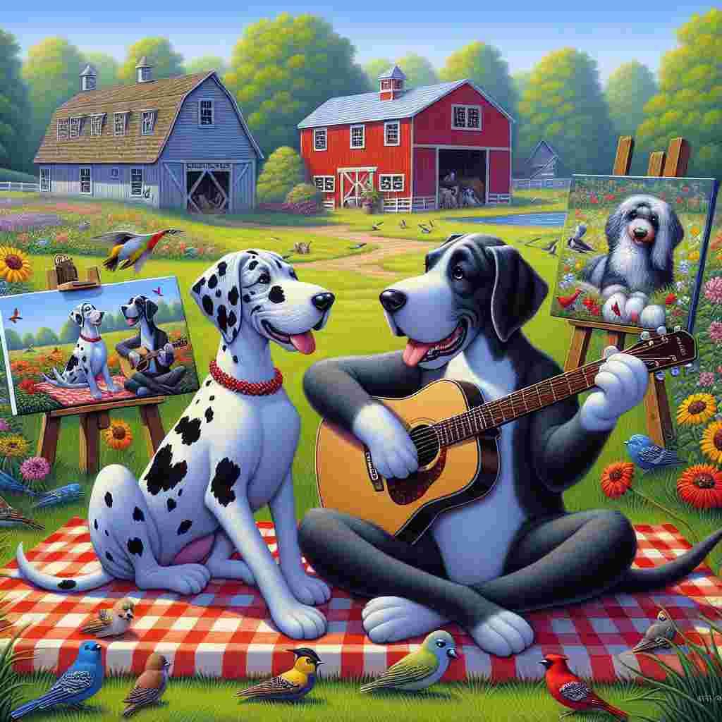 A delightful image features two adorable cartoon-style Great Dane dogs sitting side by side on a checkered picnic blanket in a grassy meadow. One dog, larger than the other, is playing a guitar, serenading its companion to the melody of a nostalgic country love ballad. Around them, the meadow resonates with the vibrant chirping and fluttering of birds. In the background, a traditional country barn has been converted into an art studio. Multiple canvases dot the barn's interior, each depicting the scenic landscape and the romantic canine duo indulging in their hobby of bird-watching on this special Valentine's Day.
Generated with these themes: Great Danes, Country Music, Bird Watching, Painting.
Made with ❤️ by AI.