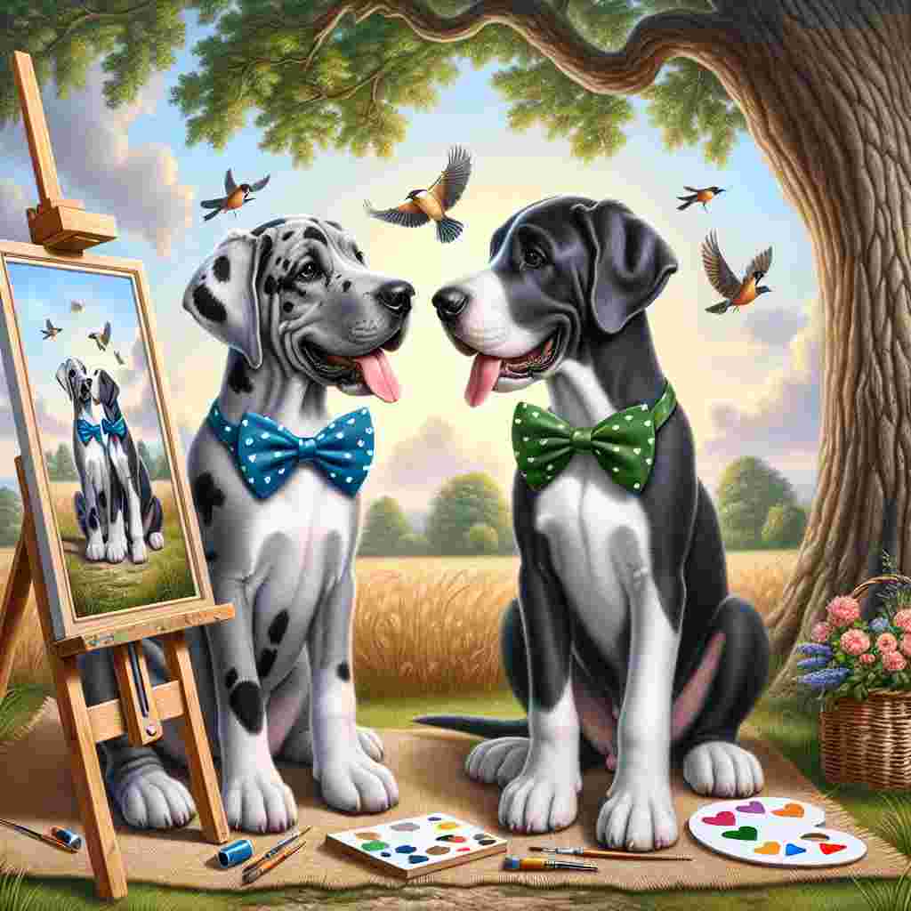 Please create an image depicting two charming Great Danes wearing bow ties. Each of them has heart-shaped markings on their fur and they are exchanging affectionate gazes. They are situated in a romantic countryside scene, capturing a serene and tender atmosphere. A background suggestion of country music infiltrates the scene. Birds of various species are flitting about in the background, enhancing the vibrant ambiance of the outdoors. A large oak tree provides shade, under which, an easel stands. On the easel, a painting is half-finished, capturing this canine love story amidst the tranquility and allure of nature.
Generated with these themes: Great Danes, Country Music, Bird Watching, Painting.
Made with ❤️ by AI.