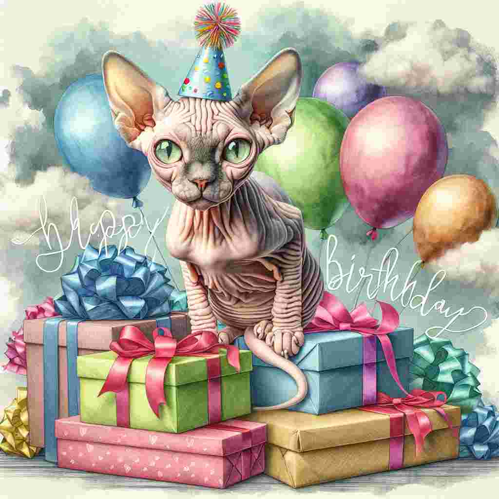 A whimsical illustration features a hairless sphynx cat wearing a tiny birthday hat, sitting atop a colorful pile of presents. The cat's green eyes gaze out, offering a heartwarming expression. Balloons float in the background with the words 'Happy Birthday' stylishly written in the clouds above.
Generated with these themes: Sphynx Birthday Cards.
Made with ❤️ by AI.