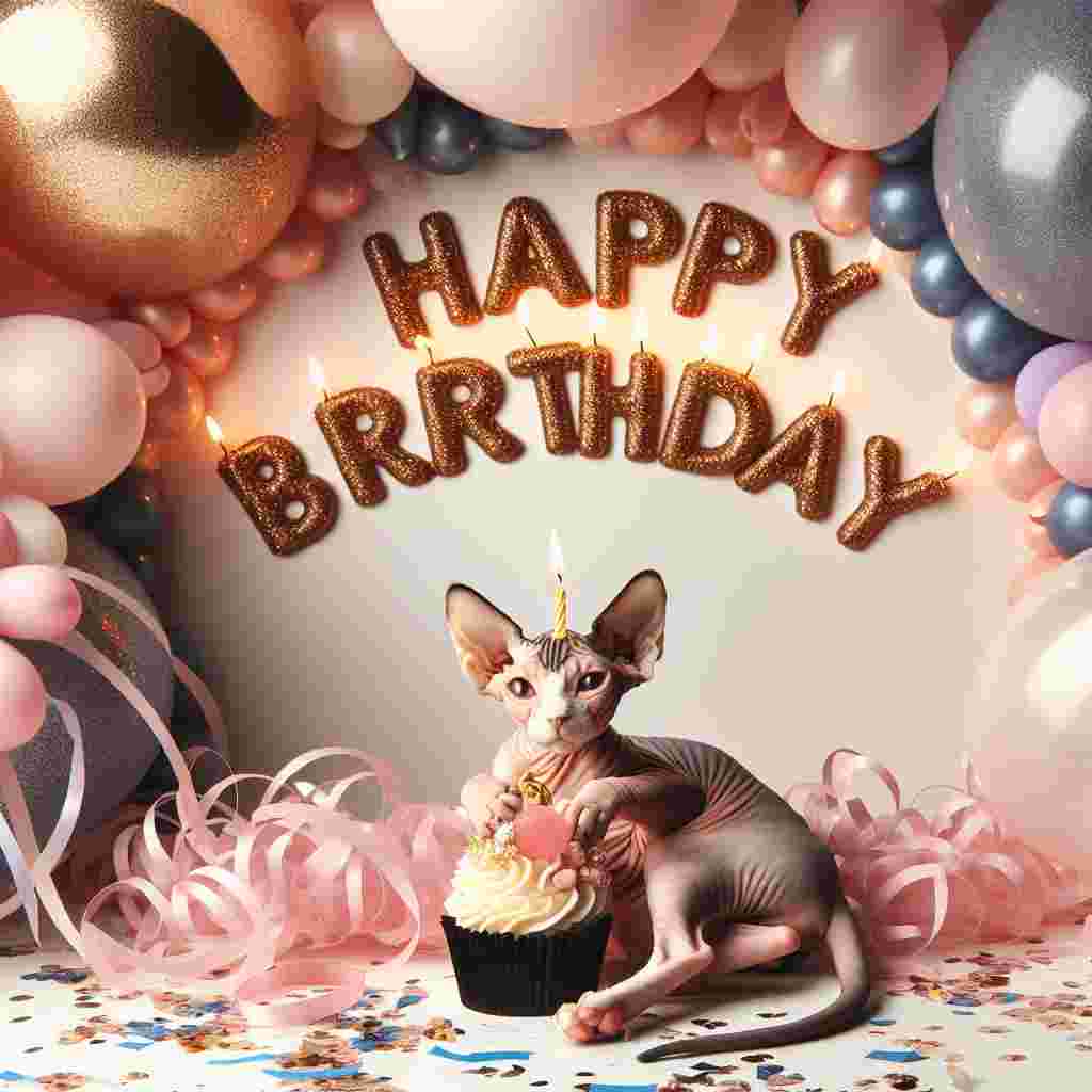 In this heartwarming scene, a joyful sphynx cat is surrounded by confetti and streamers, holding a little cupcake with a single lit candle in its paw. Behind the cat, a balloon arch frames the image, with 'Happy Birthday' inscribed across the balloons in a fun, bubbly font.
Generated with these themes: Sphynx Birthday Cards.
Made with ❤️ by AI.