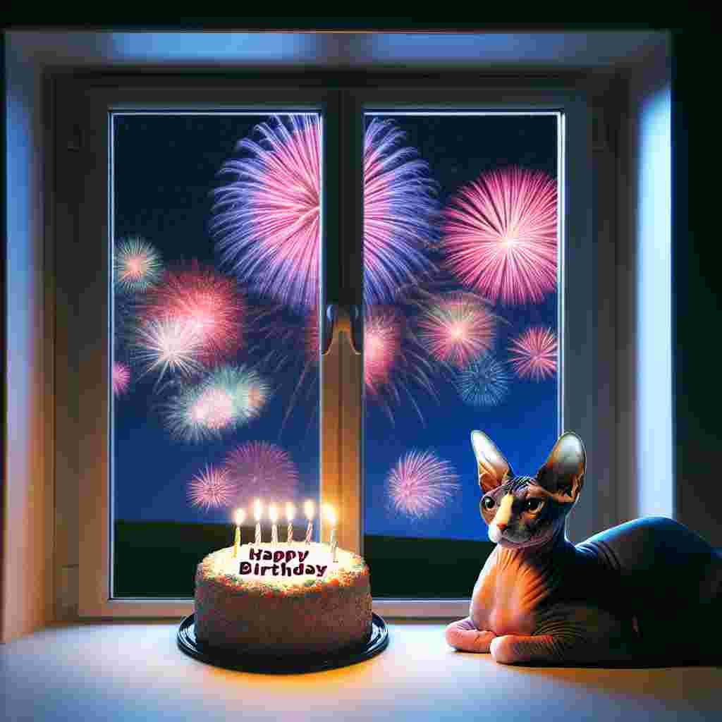 The illustration presents a serene sphynx cat seated beside a window with a view of the night sky, fireworks exploding in the distance. A small birthday cake rests on the windowsill, and a faint 'Happy Birthday' can be seen etched on the cake icing, adding a subtle touch to the festive atmosphere.
Generated with these themes: Sphynx Birthday Cards.
Made with ❤️ by AI.