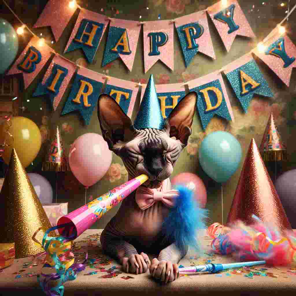 This enchanting depiction shows a sphynx cat with a party blower in its mouth, amidst a room decorated with bunting and party hats. A banner drapes across the top corner with 'Happy Birthday' written in elegant cursive, while the cat's playful expression draws you into the celebration.
Generated with these themes: Sphynx Birthday Cards.
Made with ❤️ by AI.