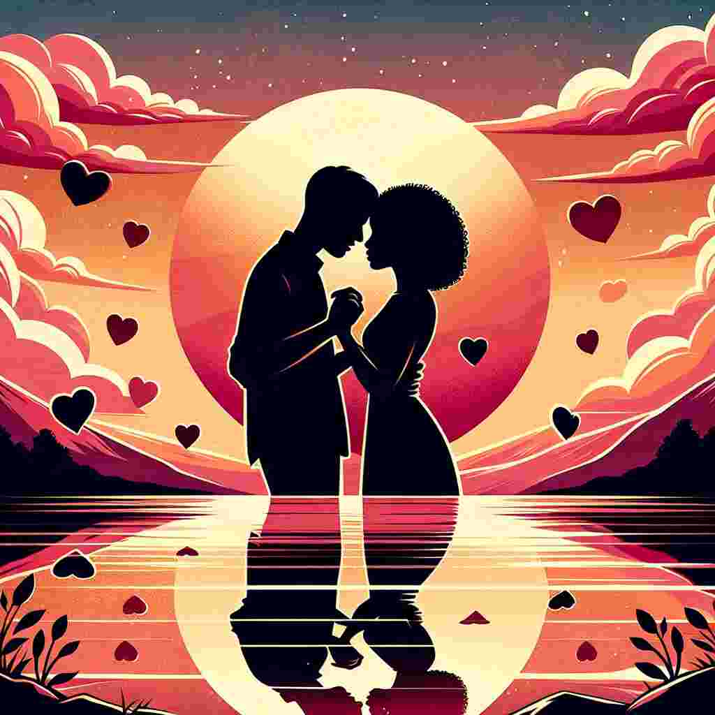 Craft an enchanting Valentine's Day-themed illustration. The central focus is a couple, an East Asian man and a Black woman, interlocked in a tender embrace by a tranquil lake. Capture the moment the sun begins to descend, casting a warm orange-amber tint across the sky, thus creating a stunning silhouette of the couple against the backdrop of a pastel-painted sky. The lake below mirrors the vivid sunset hues, augmenting the romantic ambiance. Include multiple hearts floating around the couple, further emphasizing the Valentine's Day motif.
Generated with these themes: Sunset.
Made with ❤️ by AI.