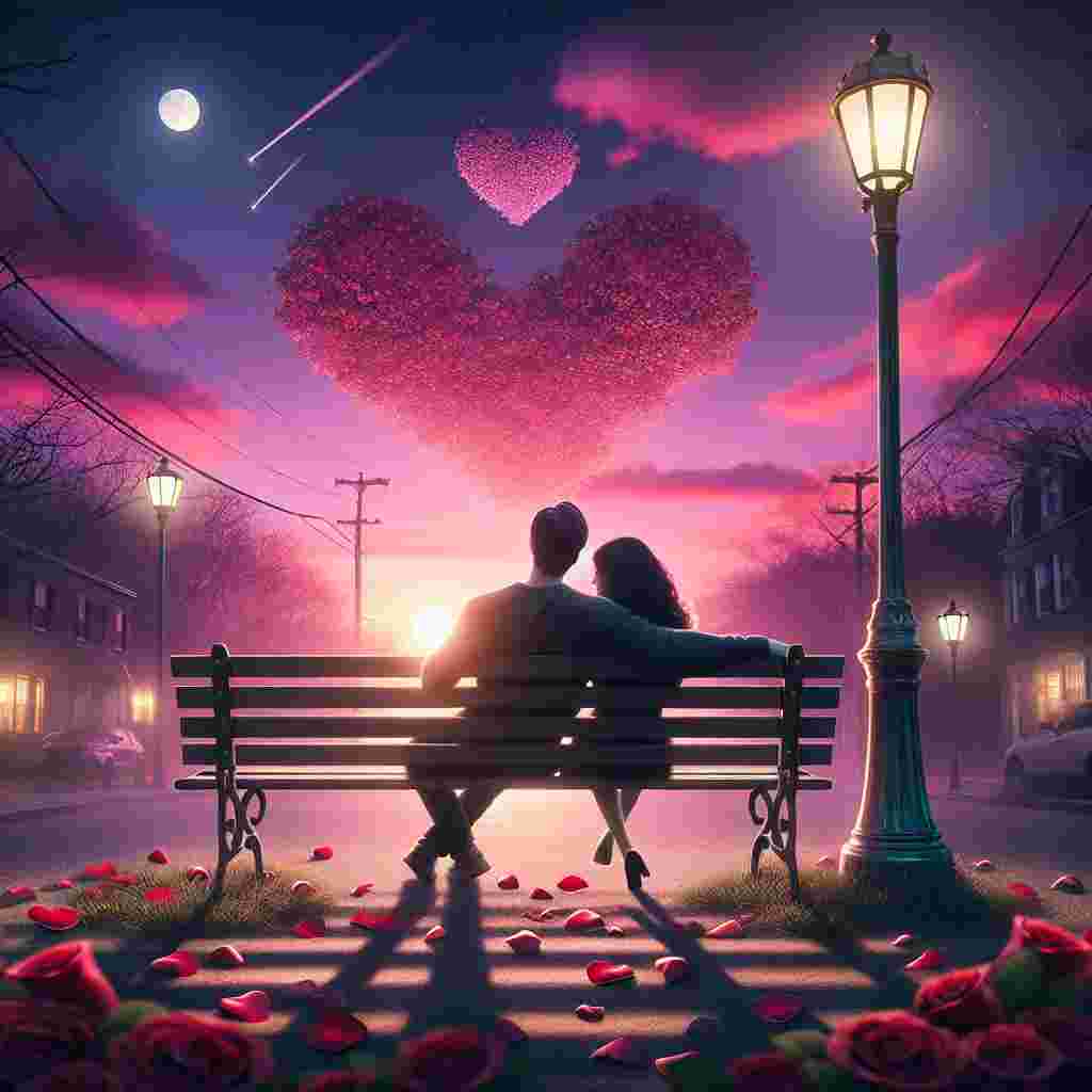 Create an image showing a quaint park bench bathed in the gentle illumination of a streetlamp. There's a couple sitting on the bench - a Caucasian man and a Hispanic woman - placed closely together, their hands intimately meshed. Flecks of rose petals scatter the area around the bench, hinting at recent romantic events. Behind the couple, a sunset sky artistically merges hues of pink and purple, forming the romantic backdrop synonymous with Valentine's Day. The tranquil vicinity carries distinct heart patterns subtly outlined by the clouds in the sky and the soft diffusion of the lamplight.
Generated with these themes: Sunset.
Made with ❤️ by AI.