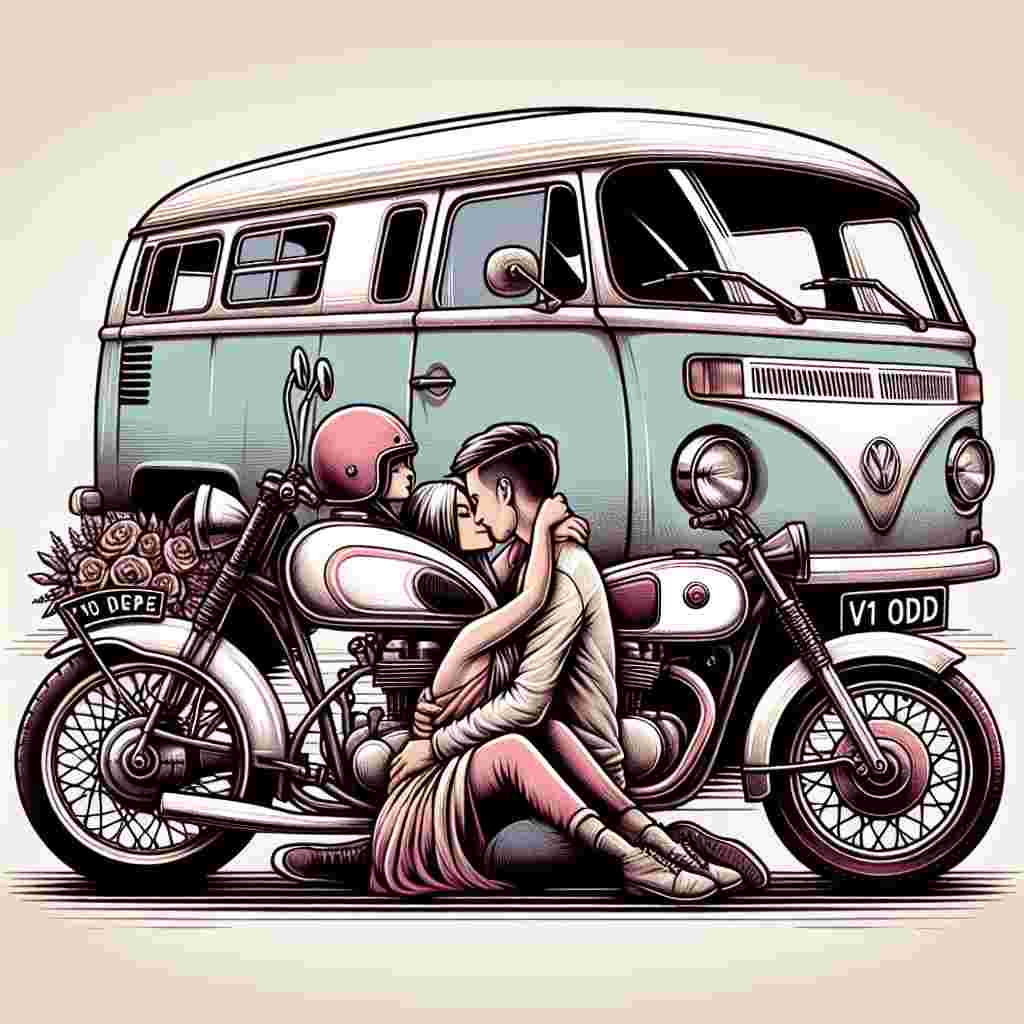 Generate an enchanting illustration depicting Valentine's Day in a delightful fusion of love and travel. A couple, deeply in love, is nestled between two iconic vehicles: a vintage-style motorcycle with the unique license plate 'V1 ODD', and an old-fashioned camper van. Both vehicles are depicted with soft, kind lines and pastel hues. The motorcycle introduces an element of rugged allure, while the camper van infuses the illustration with an atmosphere of retro romance, making it ideal for the theme of unity and love.
Generated with these themes: Harley Davidson motorcycles registration V1 ODD, VW CAMPERVAN, and Harley Davidson and romantic couple.
Made with ❤️ by AI.