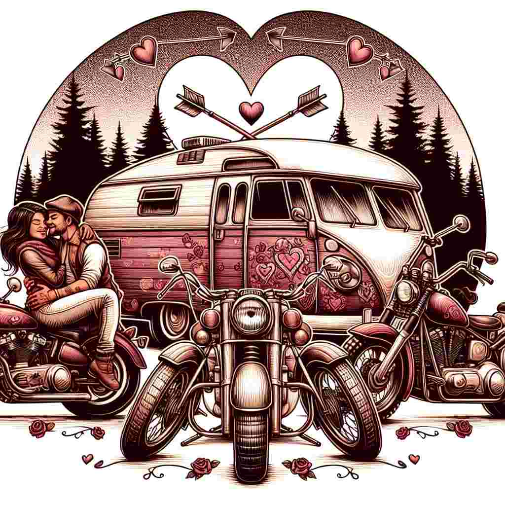 Create an enchanting illustration for Valentine's Day that embodies the themes of romance and adventure. The central feature of the design is a loving couple of Hispanic descent sharing a warm embrace, encapsulated by a variety of classic-style motorcycles. Typical identifiers and registration markers on the motorcycles are omitted. Parked next to them is an antiquated camper van stylized with hearts and love arrows, tapping into a mood of nostalgia and whimsy. This charming backdrop sets the scene for a celebration of love.
Generated with these themes: Harley Davidson motorcycles registration V1 ODD, VW CAMPERVAN, and Harley Davidson and romantic couple.
Made with ❤️ by AI.