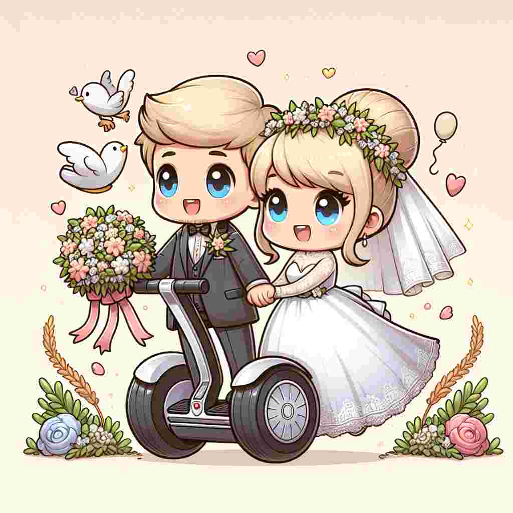Generate a charming vector design depicting a newly wedded Caucasian couple, with blonde hair, celebrating their marriage in an amusing manner by riding away on a Segway. This innovative device is humorously adorned with traditional wedding decorations such as ribbons and flowers. The couple is cartoonishly cute, with the bride wearing an adorable dress and the groom dressed in a charming suit. Set the scene against the backdrop of soft, wedding-themed elements like balloons and confetti, symbolizing their joyous start of a new journey together.
Generated with these themes: Segway, and Blonde.
Made with ❤️ by AI.