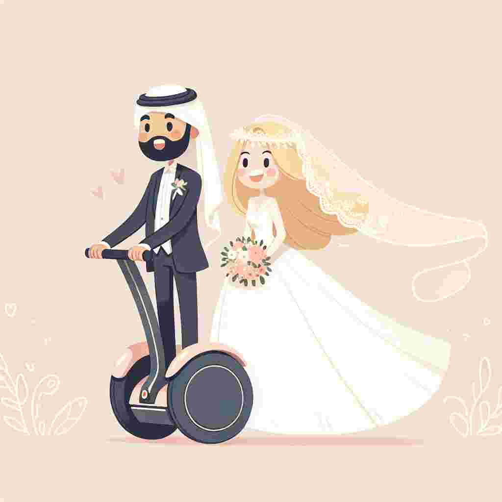 Create a charming vector wedding scene featuring a blonde Caucasian bride and Middle-Eastern groom riding a Segway together, expressing a sense of modern fun. The couple is depicted with simplified yet adorable aesthetics, with the bride's veil comically flapping behind them. The Segway injects a wry, contemporary twist into their conventional wedding attire. The background is softly colored in pastel tones and adorned with understated floral designs.
Generated with these themes: Segway, and Blonde.
Made with ❤️ by AI.