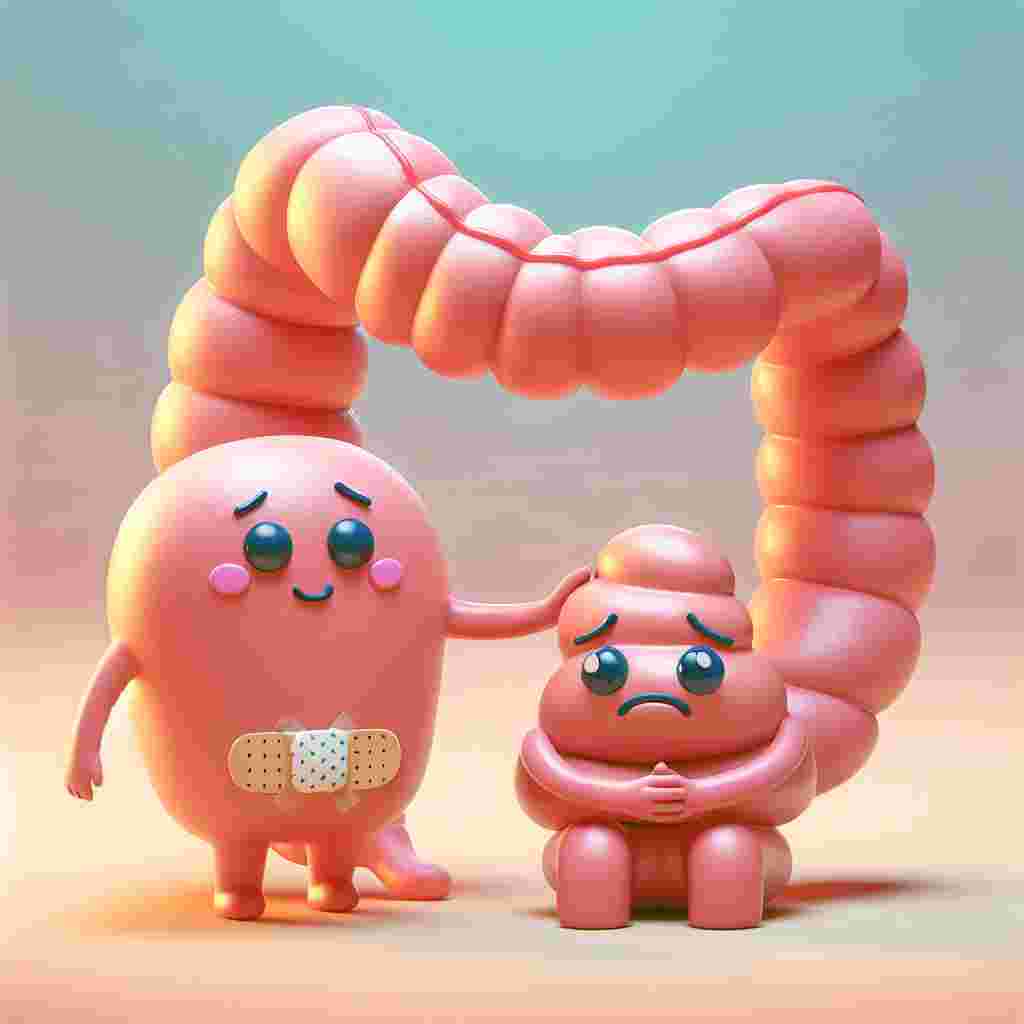 Create a comforting and empathetic image featuring two animated intestine characters. The larger character is full of compassion, characterised by a sweet smile and a colorful band-aid. This character is giving a comforting hug to a smaller, upset intestine character exhibiting visible signs of distress. The environment around these characters is a soft, pastel gradient, reflecting a gentle and soothing atmosphere associated with empathy towards individuals managing conditions such as Irritable Bowel Syndrome.
Generated with these themes: Irritable bowel syndrome .
Made with ❤️ by AI.